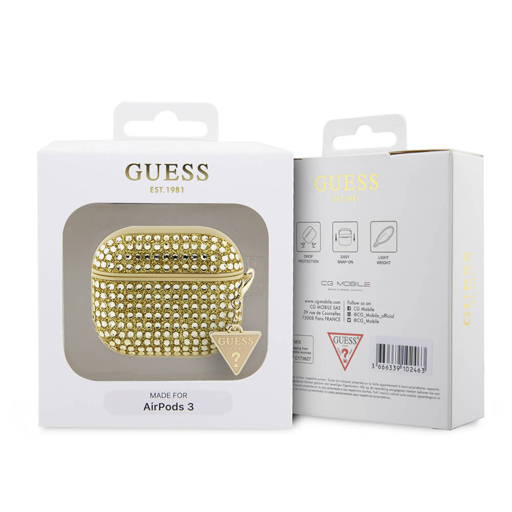 Guess Airpods 3. Nesil Orjinal Lisanslı Parıltılı Taş Kaplamalı Üçgen Logo Süs Zincirli Kılıf
