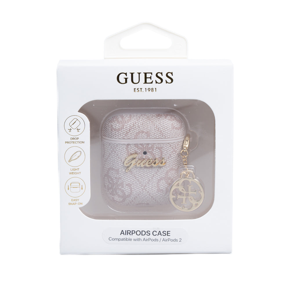 Guess Airpods Kılıf Orjinal Lisanslı 4G Desenli Metal Script Logolu 4G Charm Sağdan Askılı PU Deri Kılıf