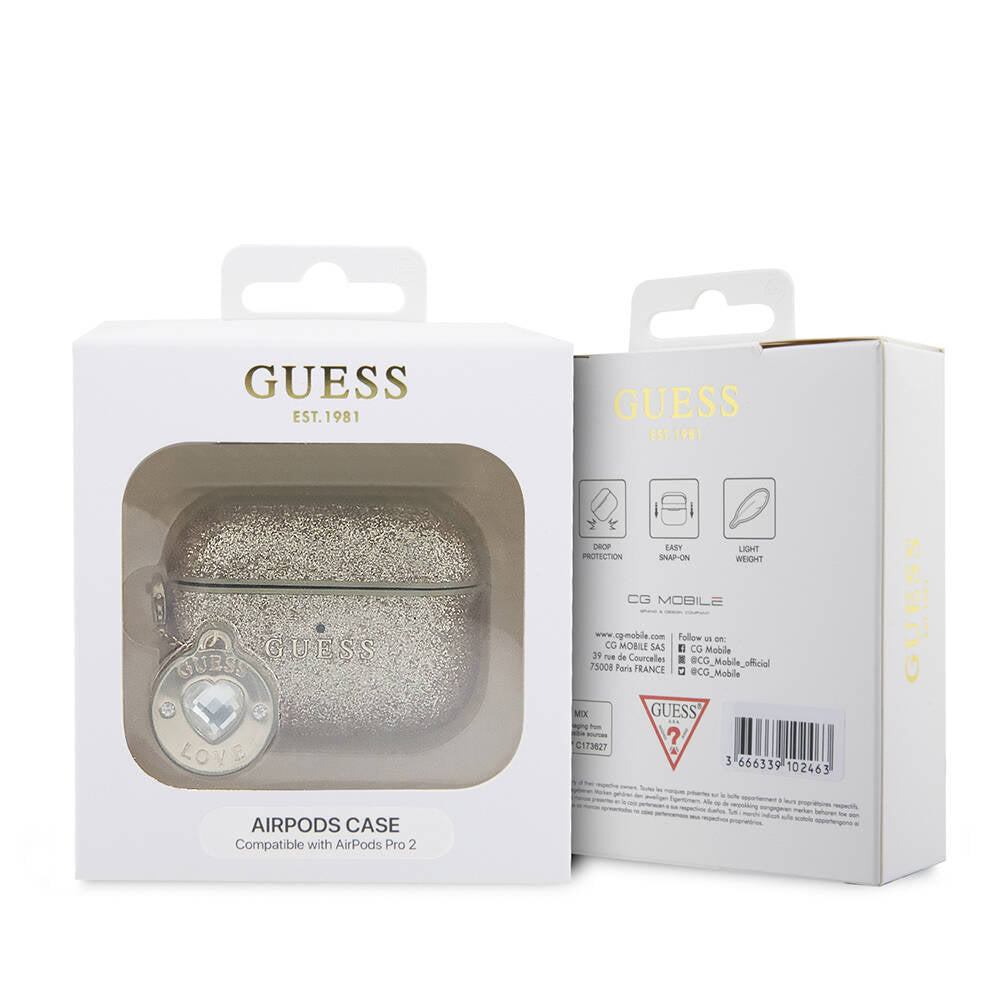 Guess Airpods Pro 2 Orjinal Lisanslı Glitter Elmas Kalp Süs Zincirli Kılıf