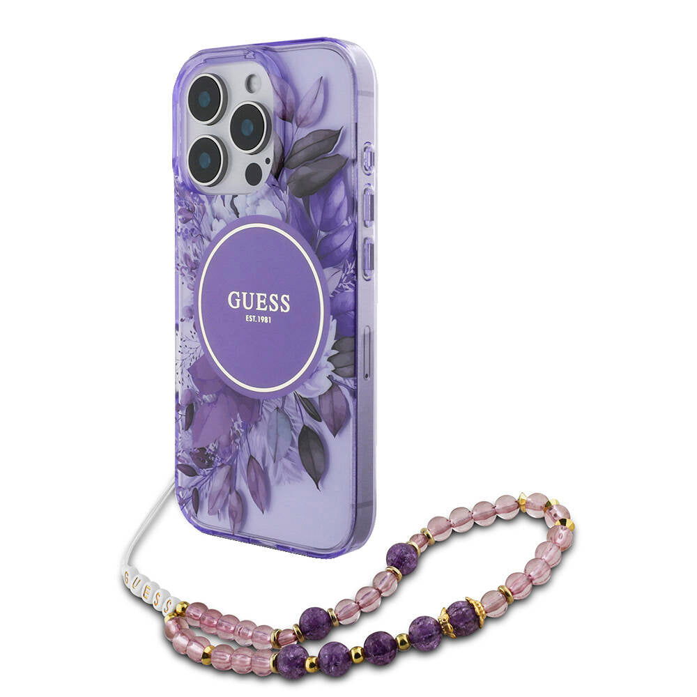 Guess iPhone 16 Pro Max Orjinal Lisanslı Magsafe IML Baskılı Çiçek İnci Bileklikli Telefon Kılıfı-4