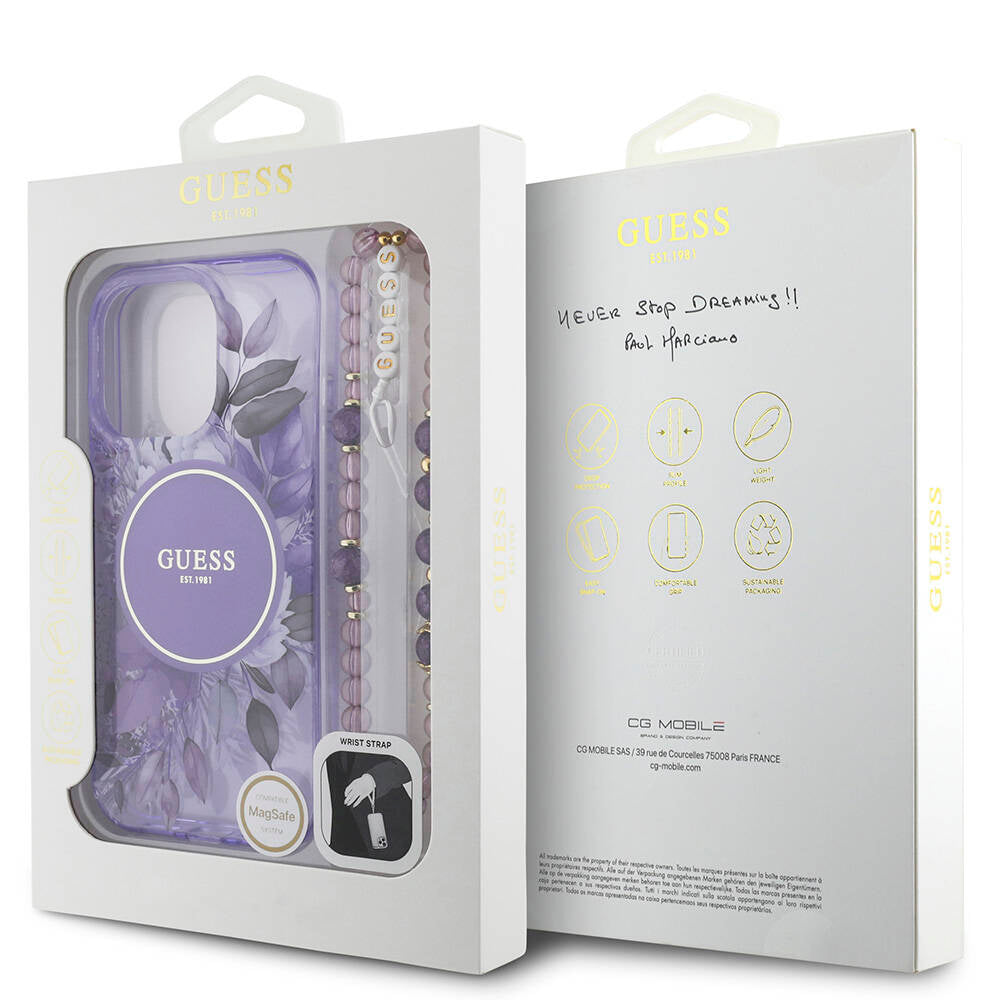 Guess iPhone 16 Pro Max Orjinal Lisanslı Magsafe IML Baskılı Çiçek İnci Bileklikli Telefon Kılıfı-11