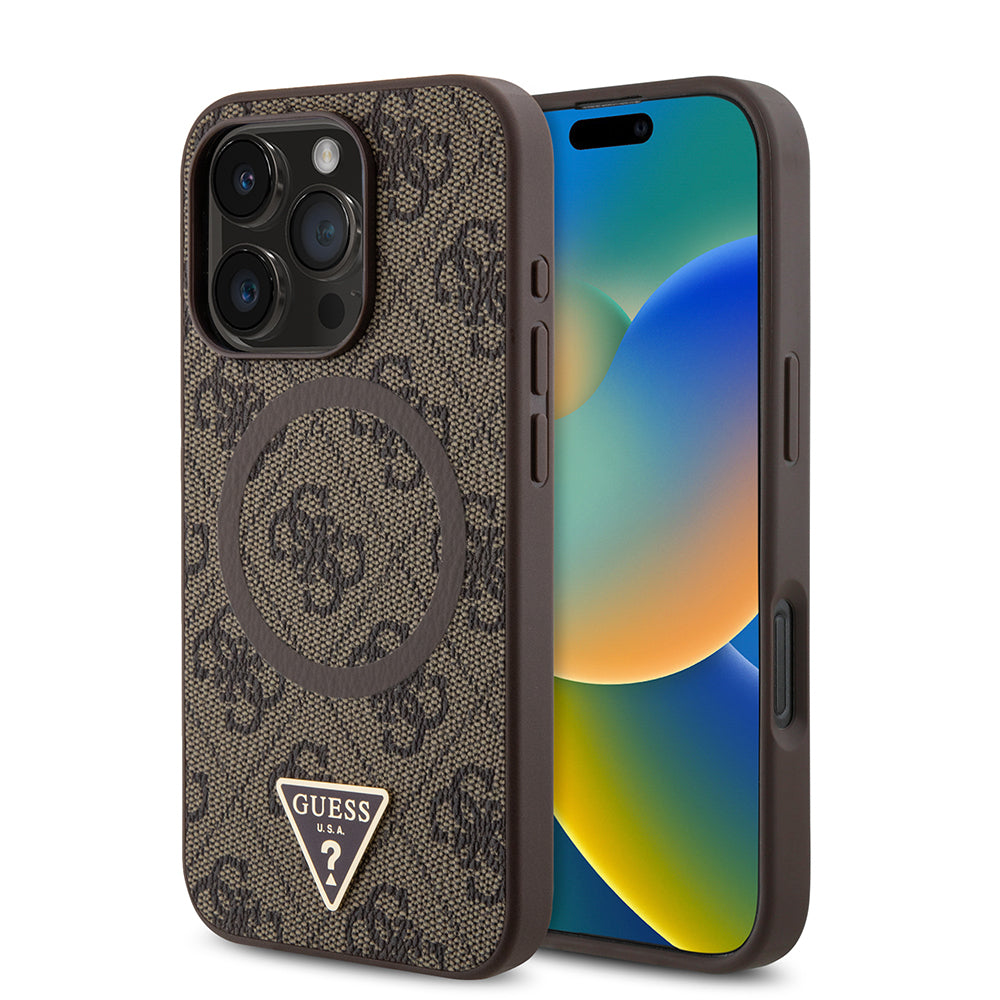 Guess iPhone 16 Pro Max Orjinal Lisanslı Magsafe Şarj Özellikli PU Üçgen Logo 4G Desenli Telefon Kılıfı-2
