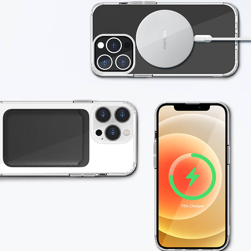 Recci Magnetik Suction Serisi iPhone 13 M-safe Şarj Özellikli Airbagli Şeffaf PC Arka Yüzey Kılıf