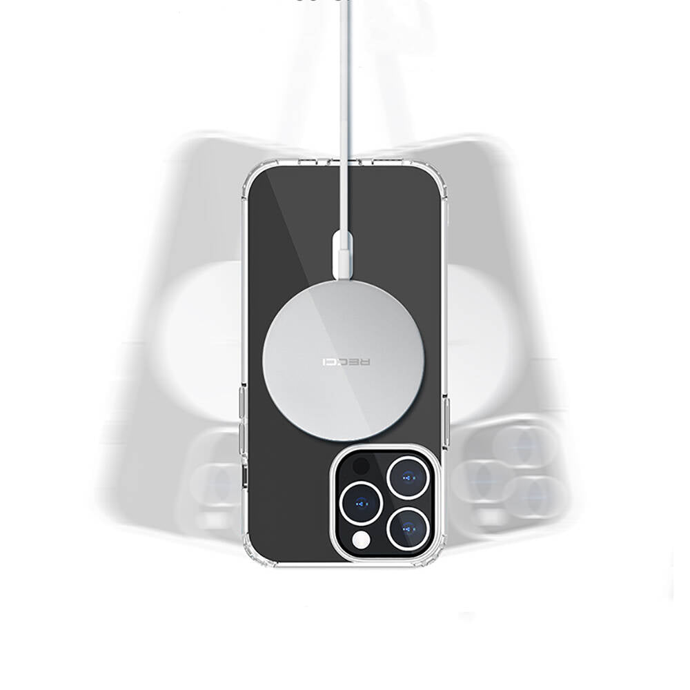 Recci Magnetik Suction Serisi iPhone 13 M-safe Şarj Özellikli Airbagli Şeffaf PC Arka Yüzey Kılıf