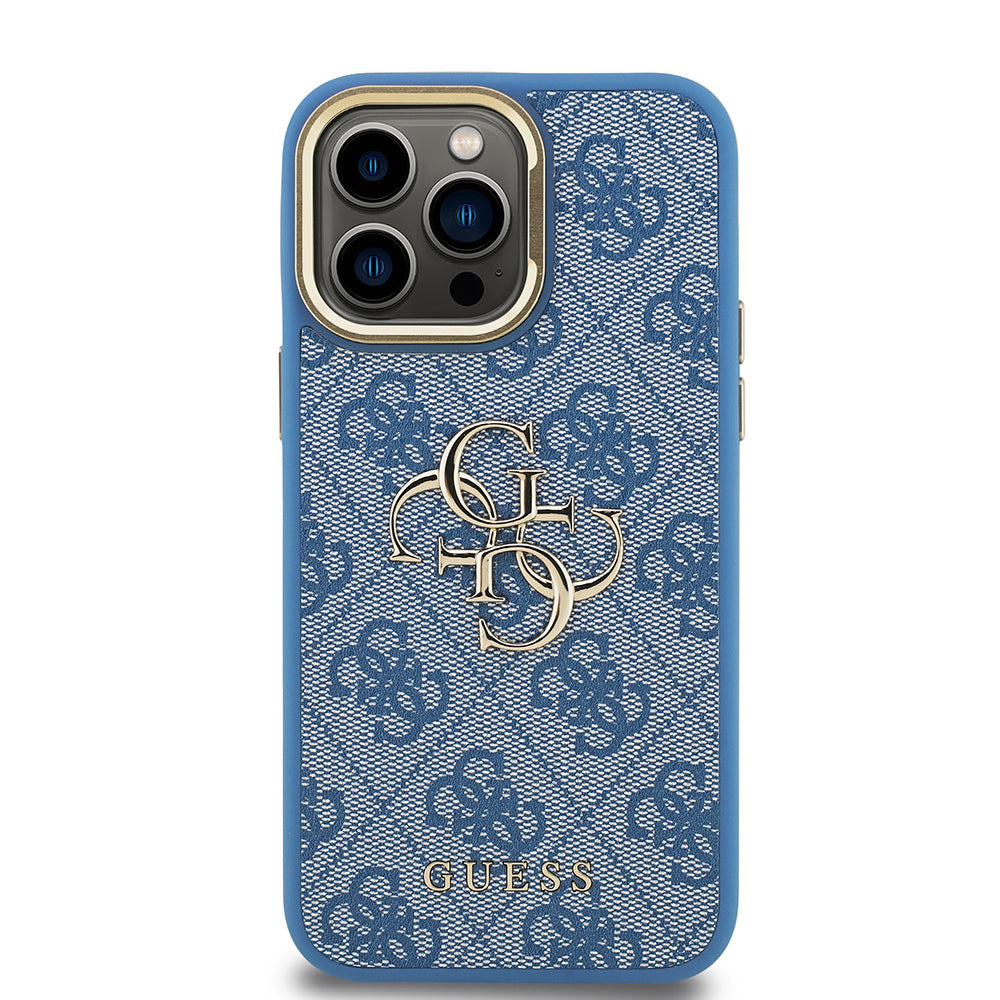 Guess iPhone 13 Pro Max Orjinal Lisanslı PU Deri 4G Desenli Metal Büyük 4G ve Yazı Logolu Kamera Standlı Kılıf