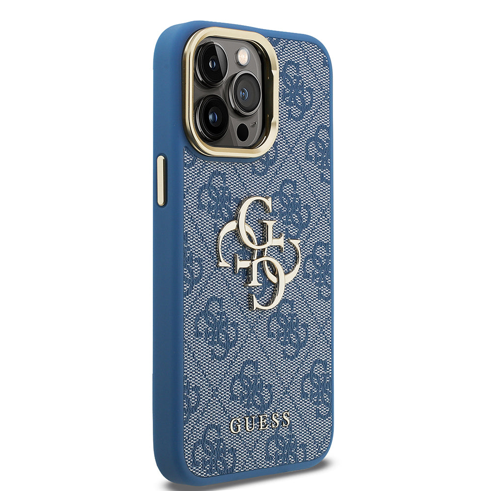 Guess iPhone 13 Pro Max Orjinal Lisanslı PU Deri 4G Desenli Metal Büyük 4G ve Yazı Logolu Kamera Standlı Kılıf