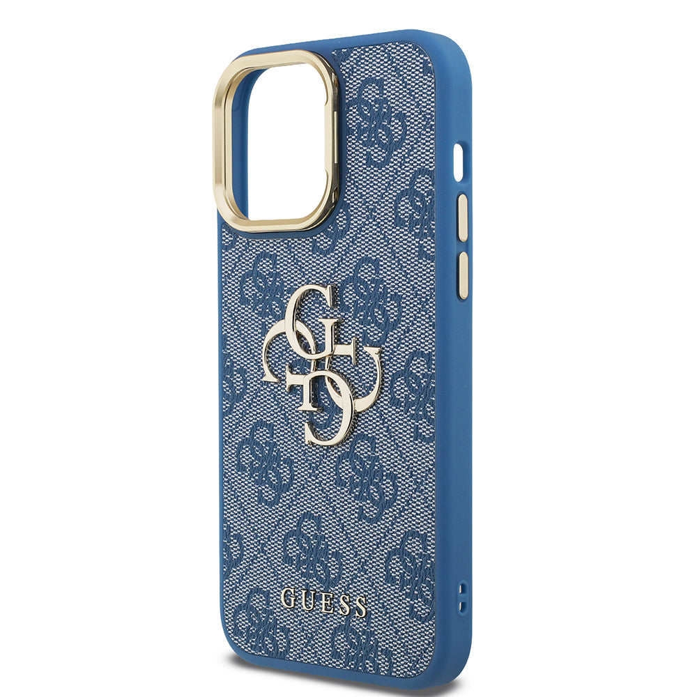 Guess iPhone 13 Pro Max Orjinal Lisanslı PU Deri 4G Desenli Metal Büyük 4G ve Yazı Logolu Kamera Standlı Kılıf