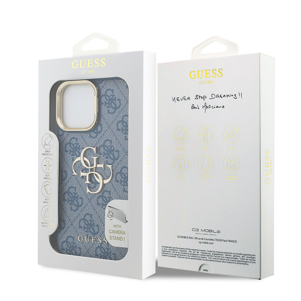 Guess iPhone 13 Pro Max Orjinal Lisanslı PU Deri 4G Desenli Metal Büyük 4G ve Yazı Logolu Kamera Standlı Kılıf