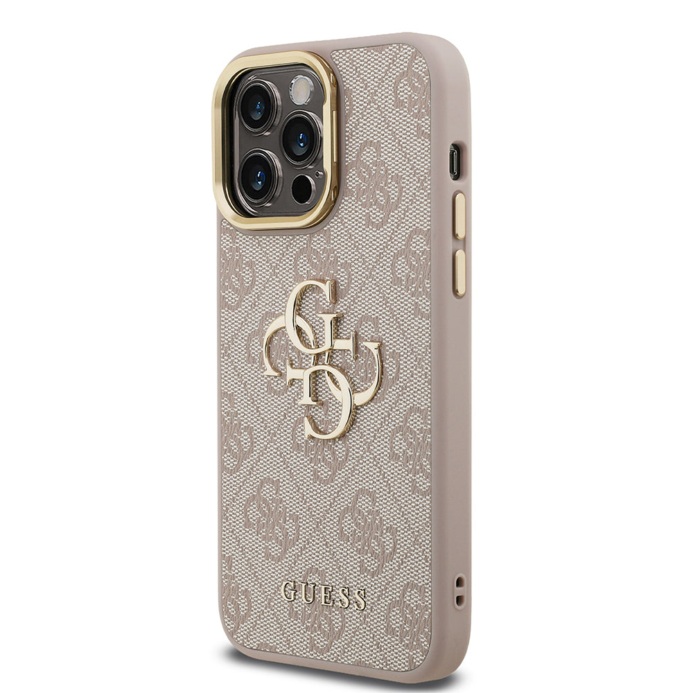 Guess iPhone 13 Pro Max Orjinal Lisanslı PU Deri 4G Desenli Metal Büyük 4G ve Yazı Logolu Kamera Standlı Kılıf