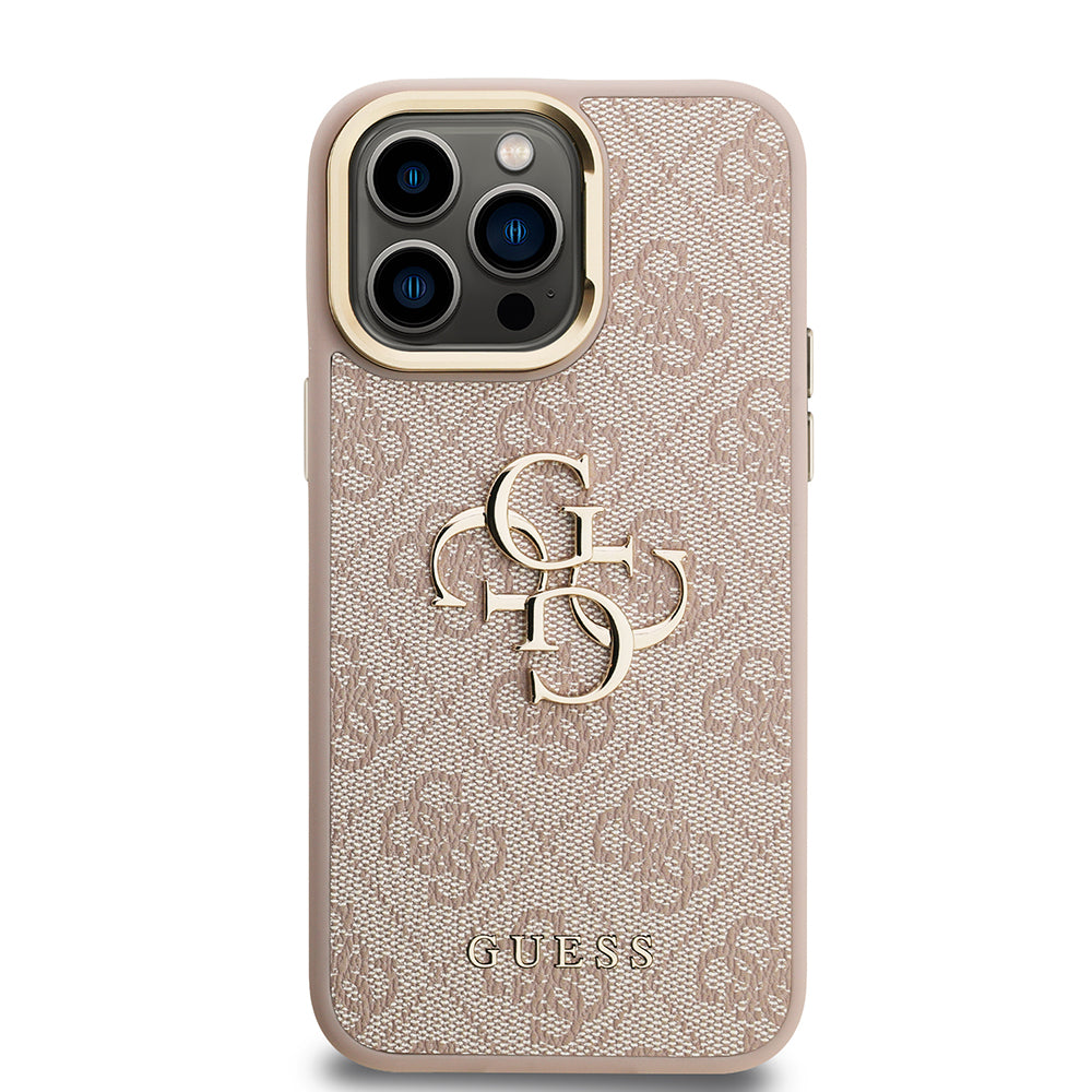 Guess iPhone 13 Pro Max Orjinal Lisanslı PU Deri 4G Desenli Metal Büyük 4G ve Yazı Logolu Kamera Standlı Kılıf