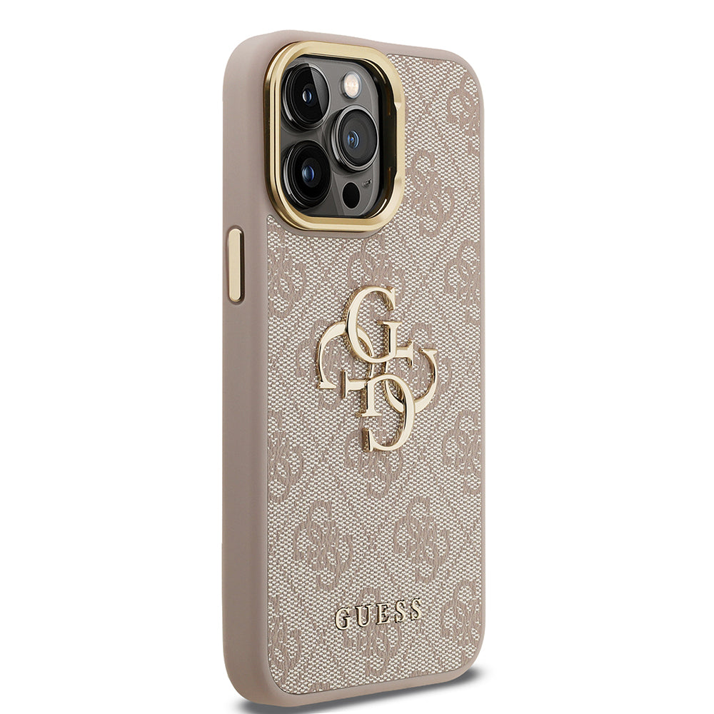 Guess iPhone 13 Pro Max Orjinal Lisanslı PU Deri 4G Desenli Metal Büyük 4G ve Yazı Logolu Kamera Standlı Kılıf