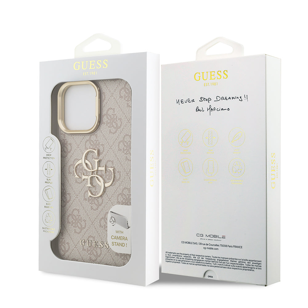 Guess iPhone 13 Pro Max Orjinal Lisanslı PU Deri 4G Desenli Metal Büyük 4G ve Yazı Logolu Kamera Standlı Kılıf