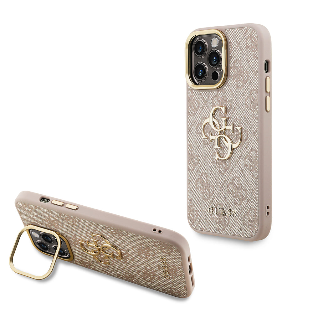 Guess iPhone 13 Pro Max Orjinal Lisanslı PU Deri 4G Desenli Metal Büyük 4G ve Yazı Logolu Kamera Standlı Kılıf