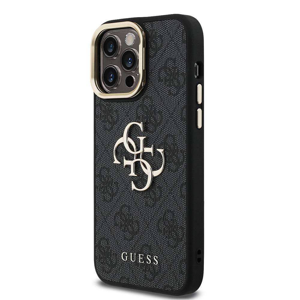 Guess iPhone 13 Pro Max Orjinal Lisanslı PU Deri 4G Desenli Metal Büyük 4G ve Yazı Logolu Kamera Standlı Kılıf