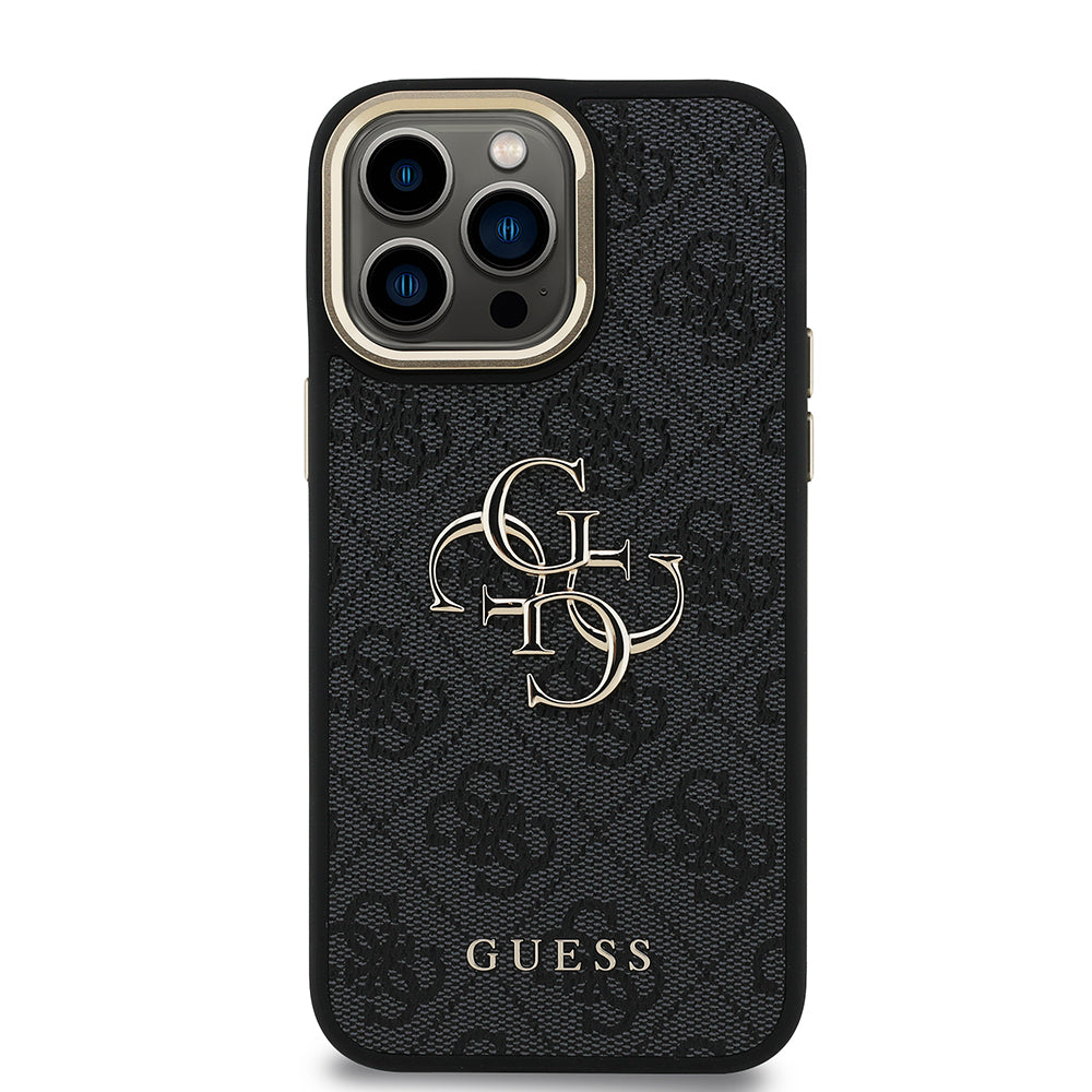 Guess iPhone 13 Pro Max Orjinal Lisanslı PU Deri 4G Desenli Metal Büyük 4G ve Yazı Logolu Kamera Standlı Kılıf