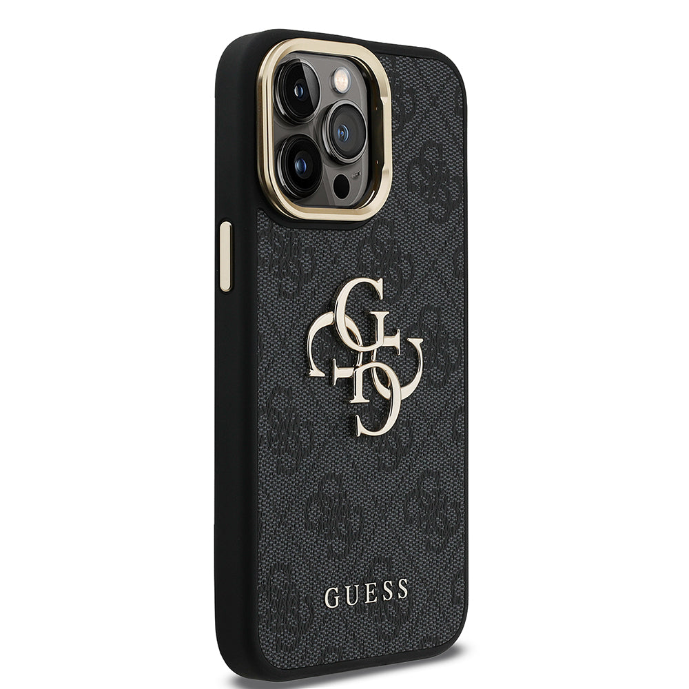 Guess iPhone 13 Pro Max Orjinal Lisanslı PU Deri 4G Desenli Metal Büyük 4G ve Yazı Logolu Kamera Standlı Kılıf