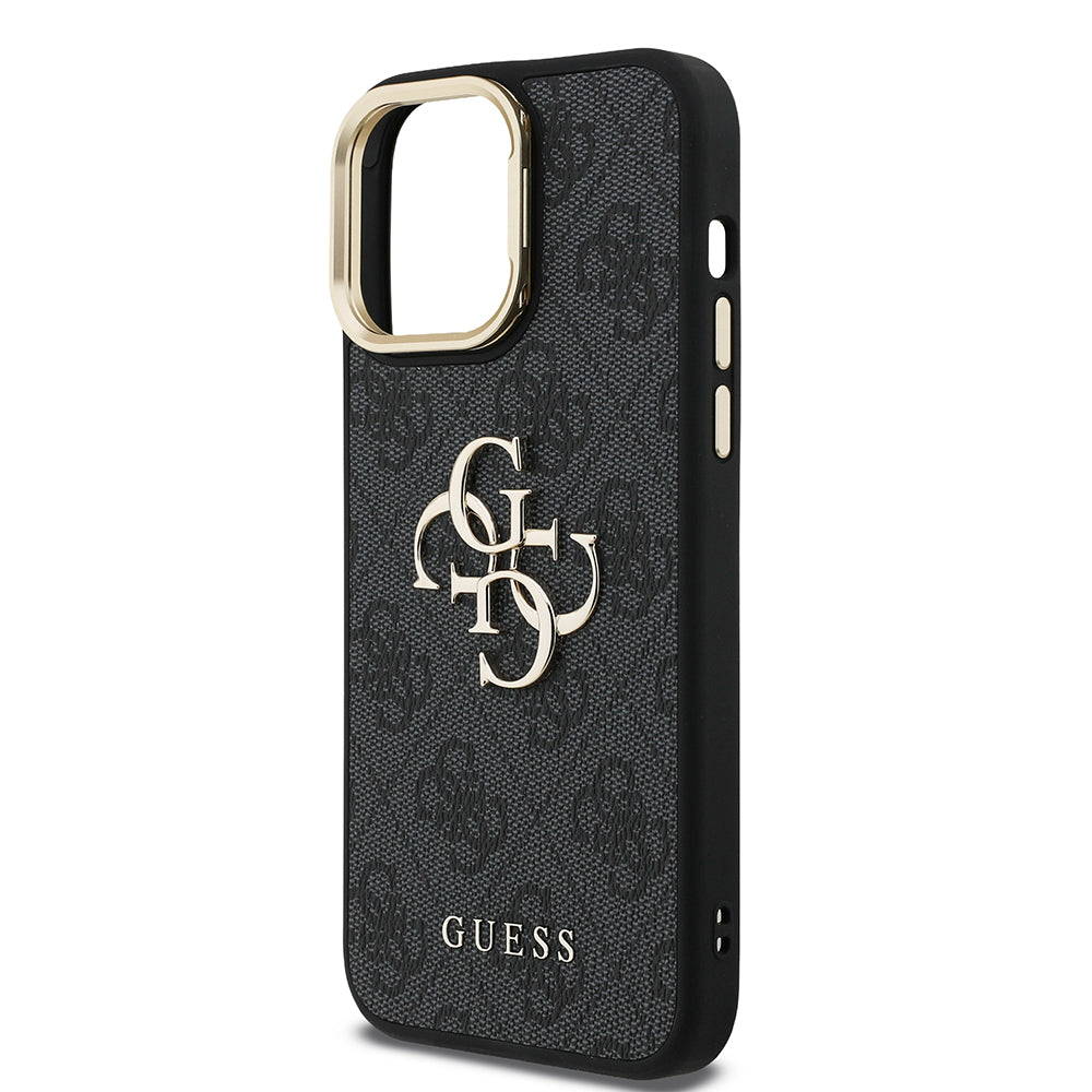 Guess iPhone 13 Pro Max Orjinal Lisanslı PU Deri 4G Desenli Metal Büyük 4G ve Yazı Logolu Kamera Standlı Kılıf