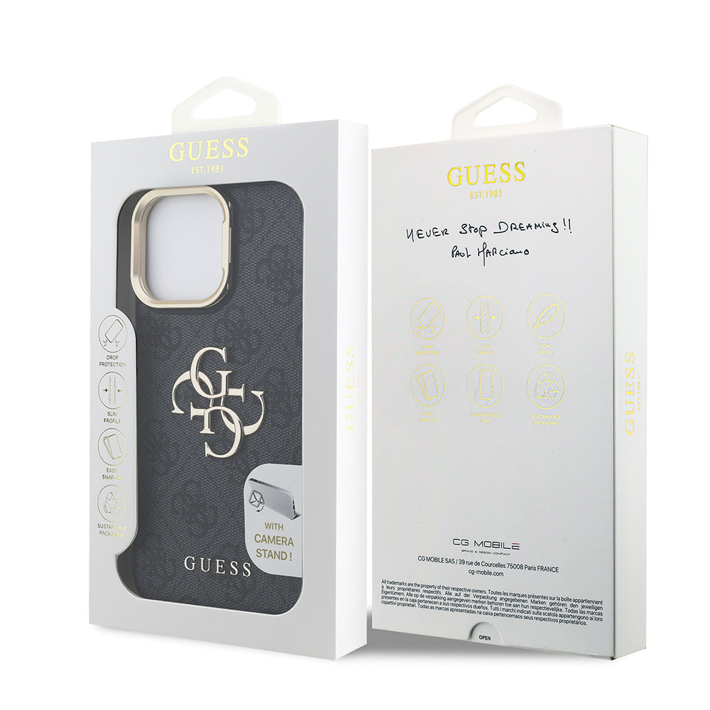 Guess iPhone 13 Pro Max Orjinal Lisanslı PU Deri 4G Desenli Metal Büyük 4G ve Yazı Logolu Kamera Standlı Kılıf