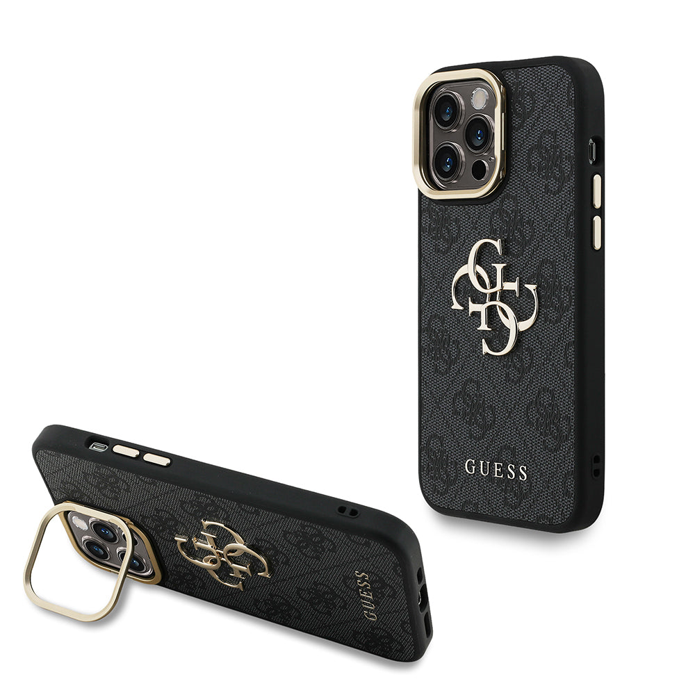 Guess iPhone 13 Pro Max Orjinal Lisanslı PU Deri 4G Desenli Metal Büyük 4G ve Yazı Logolu Kamera Standlı Kılıf