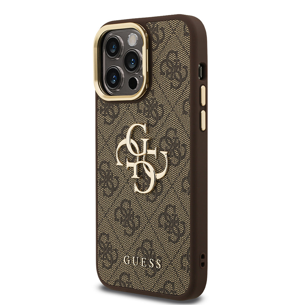 Guess iPhone 13 Pro Max Orjinal Lisanslı PU Deri 4G Desenli Metal Büyük 4G ve Yazı Logolu Kamera Standlı Kılıf