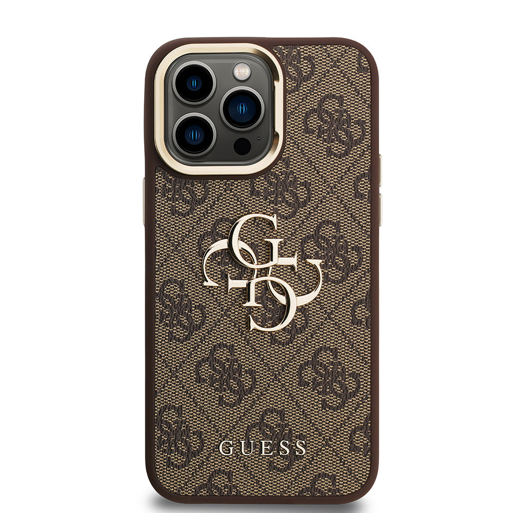 Guess iPhone 13 Pro Max Orjinal Lisanslı PU Deri 4G Desenli Metal Büyük 4G ve Yazı Logolu Kamera Standlı Kılıf