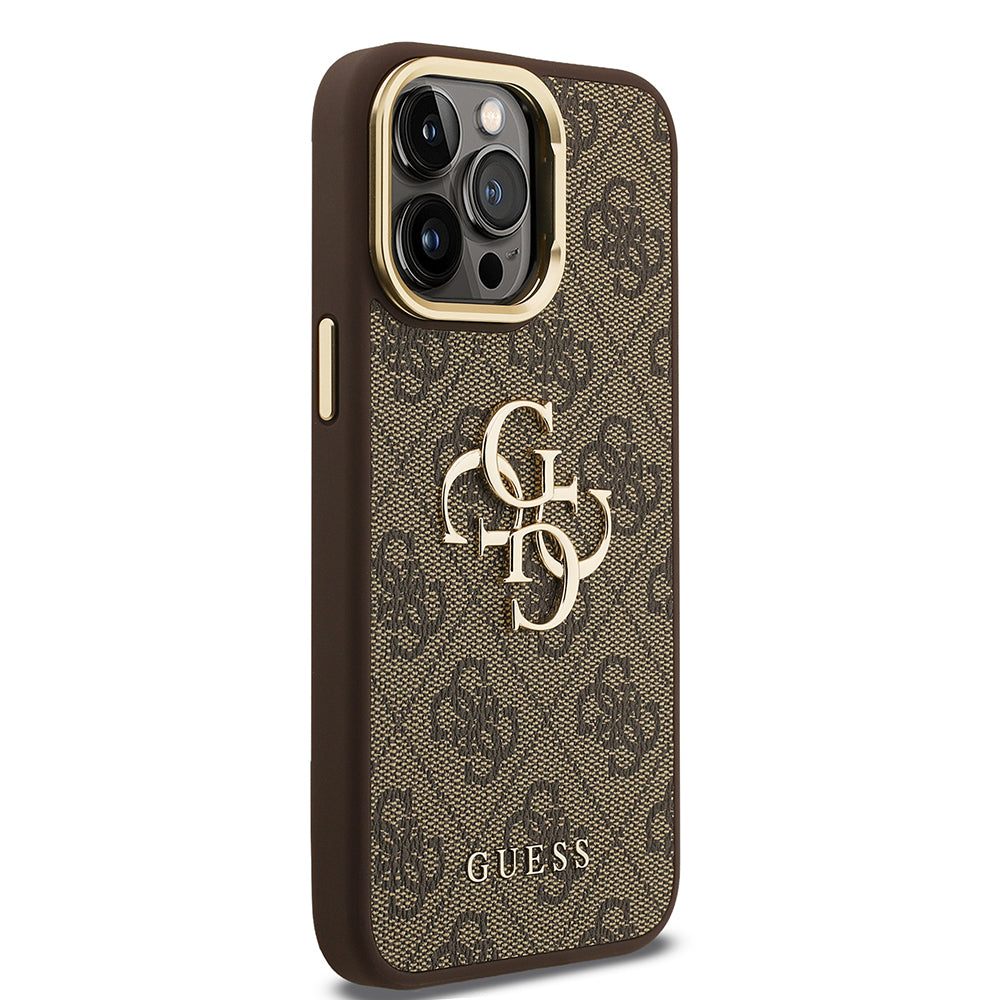 Guess iPhone 13 Pro Max Orjinal Lisanslı PU Deri 4G Desenli Metal Büyük 4G ve Yazı Logolu Kamera Standlı Kılıf
