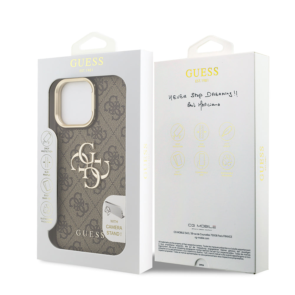 Guess iPhone 13 Pro Max Orjinal Lisanslı PU Deri 4G Desenli Metal Büyük 4G ve Yazı Logolu Kamera Standlı Kılıf