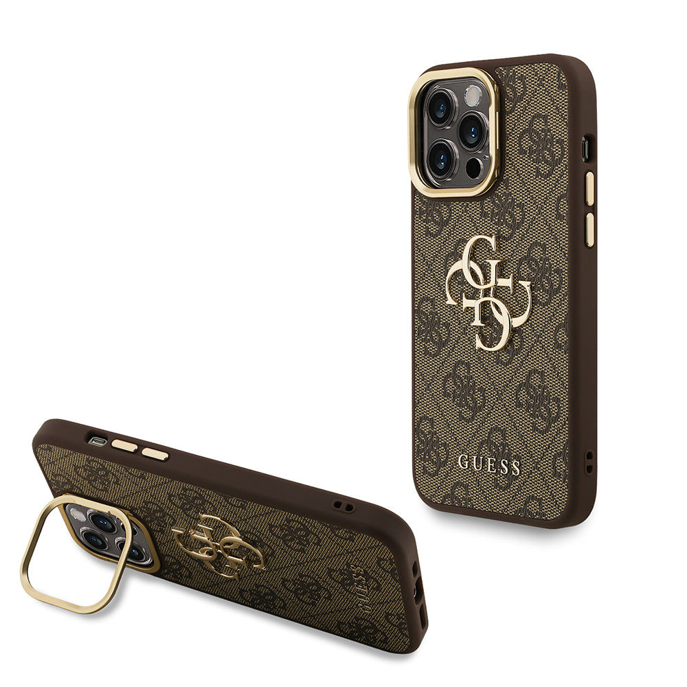 Guess iPhone 13 Pro Max Orjinal Lisanslı PU Deri 4G Desenli Metal Büyük 4G ve Yazı Logolu Kamera Standlı Kılıf