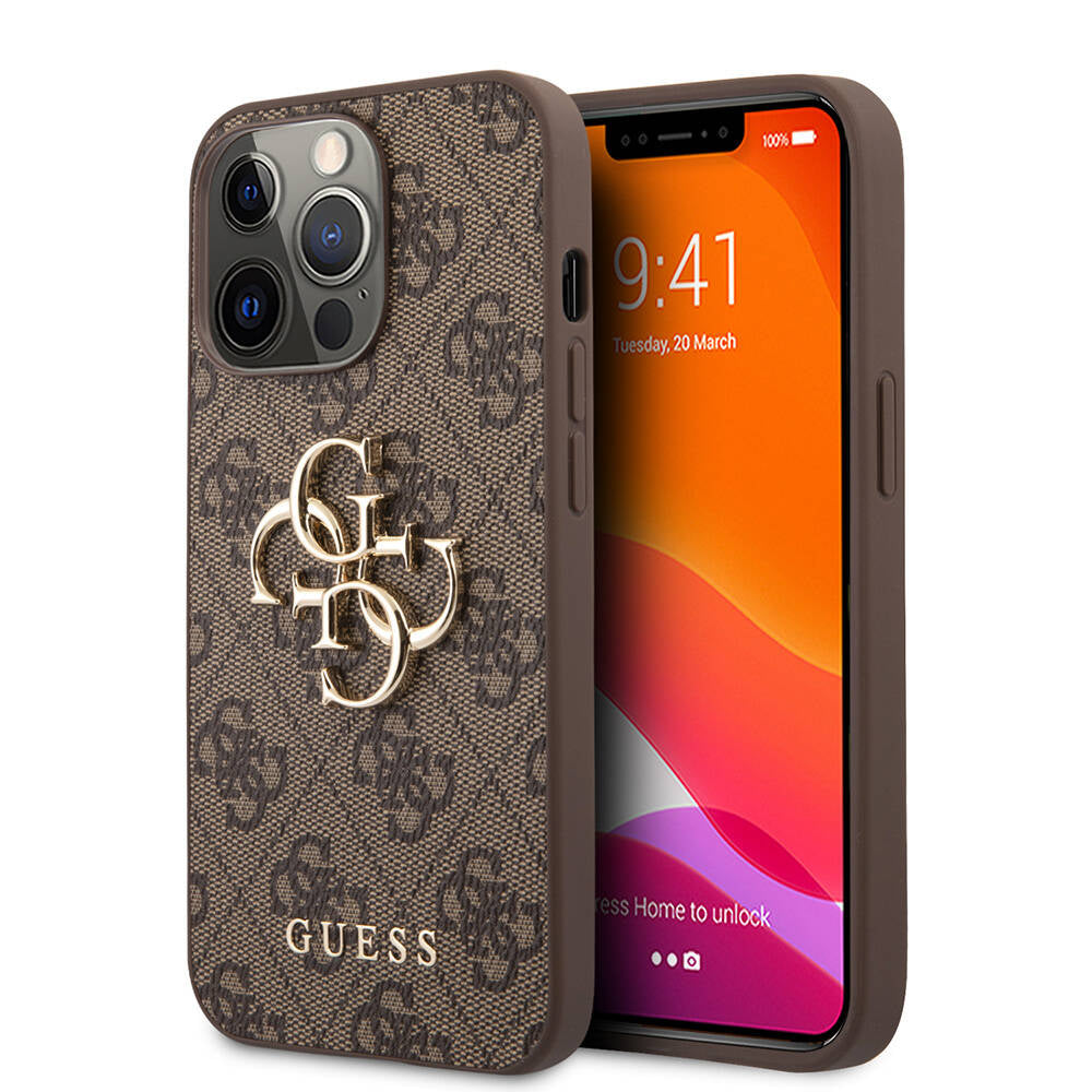 Guess iPhone 13 Pro Max Orjinal Lisanslı PU Deri 4G Desenli Metal Büyük 4G ve Yazı Logolu Telefon Kılıfı - 17