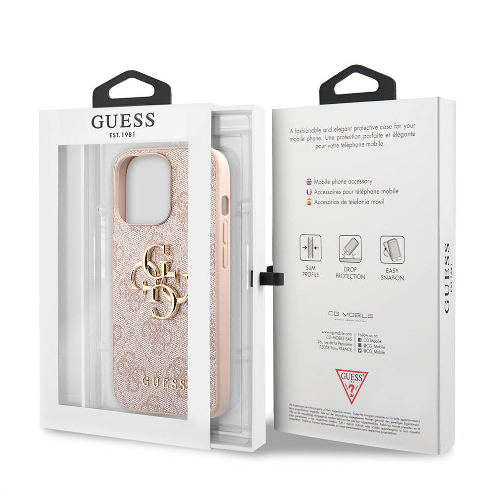 Guess iPhone 13 Pro Max Orjinal Lisanslı PU Deri 4G Desenli Metal Büyük 4G ve Yazı Logolu Telefon Kılıfı - 8