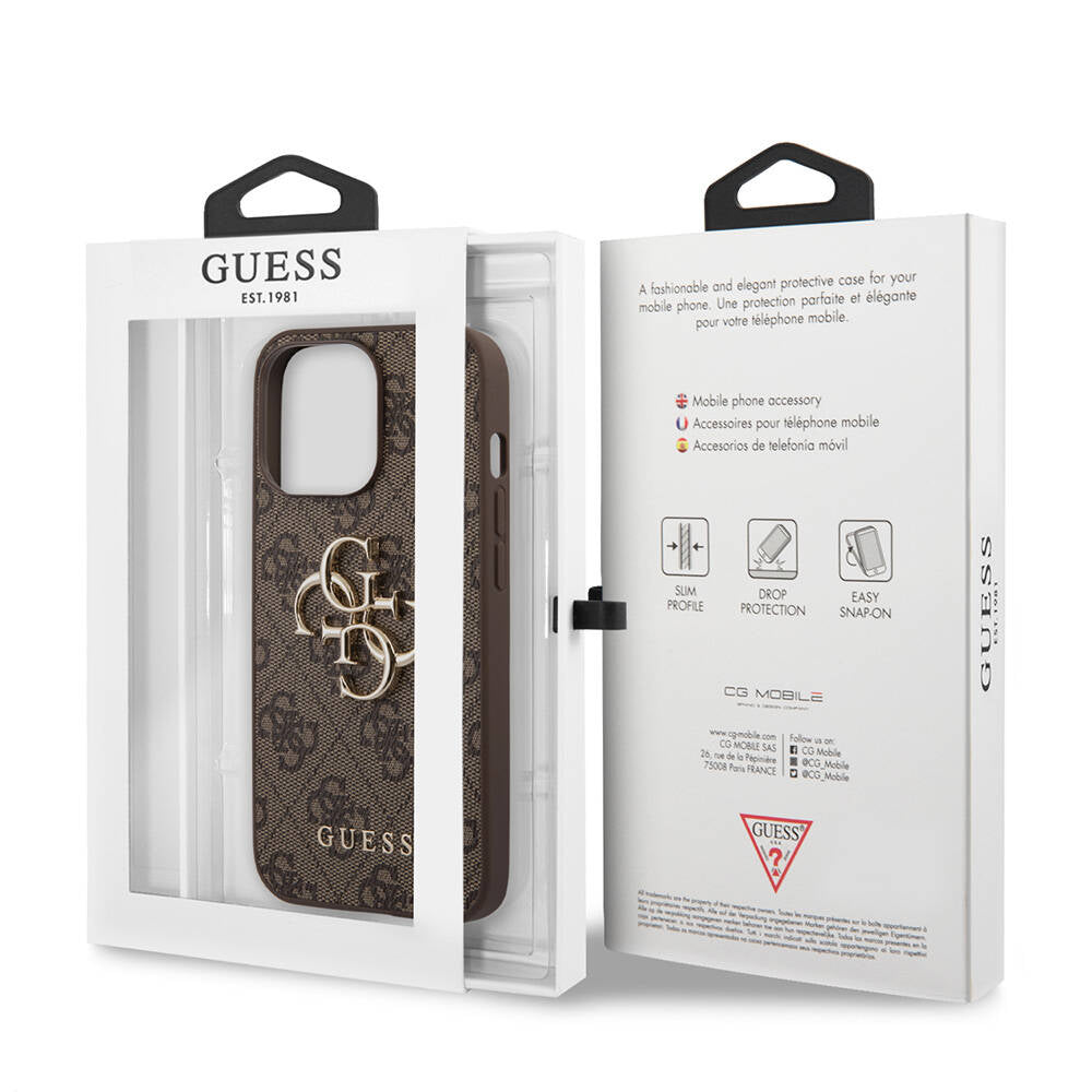Guess iPhone 13 Pro Max Orjinal Lisanslı PU Deri 4G Desenli Metal Büyük 4G ve Yazı Logolu Telefon Kılıfı - 24