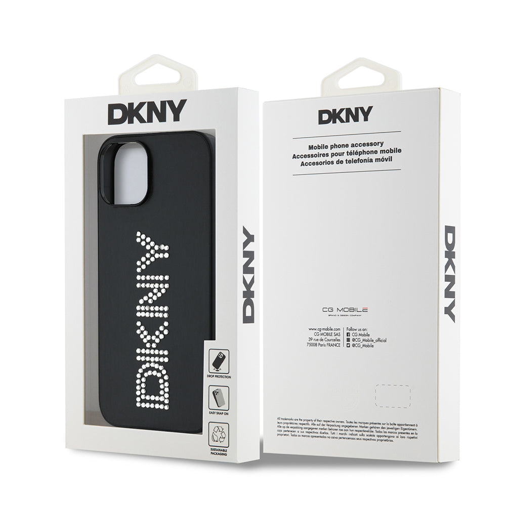 DKNY iPhone 14 Orjinal Lisanslı Taşlı DKNY Yazılı Metalik Rhinestones PU Deri Kılıf