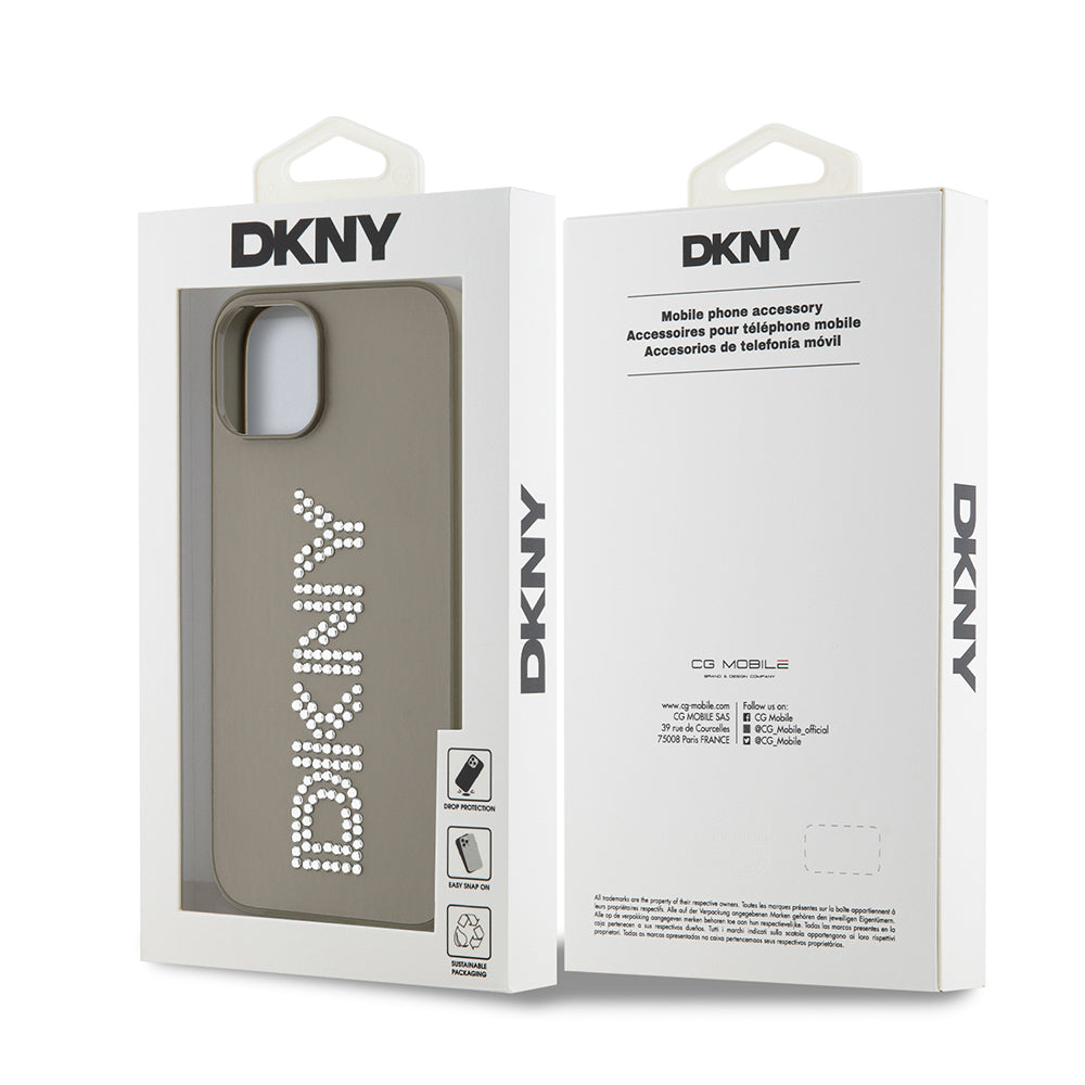DKNY iPhone 14 Orjinal Lisanslı Taşlı DKNY Yazılı Metalik Rhinestones PU Deri Kılıf