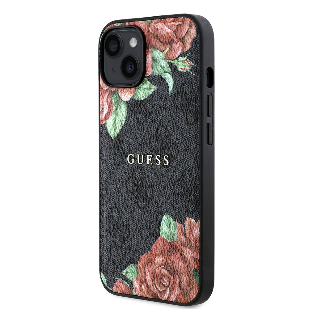 Guess iPhone 14 Orjinal Lisanslı M-safe Şarj Özellikli Gül Baskılı 4G Desenli Yazı Logolu Kılıf