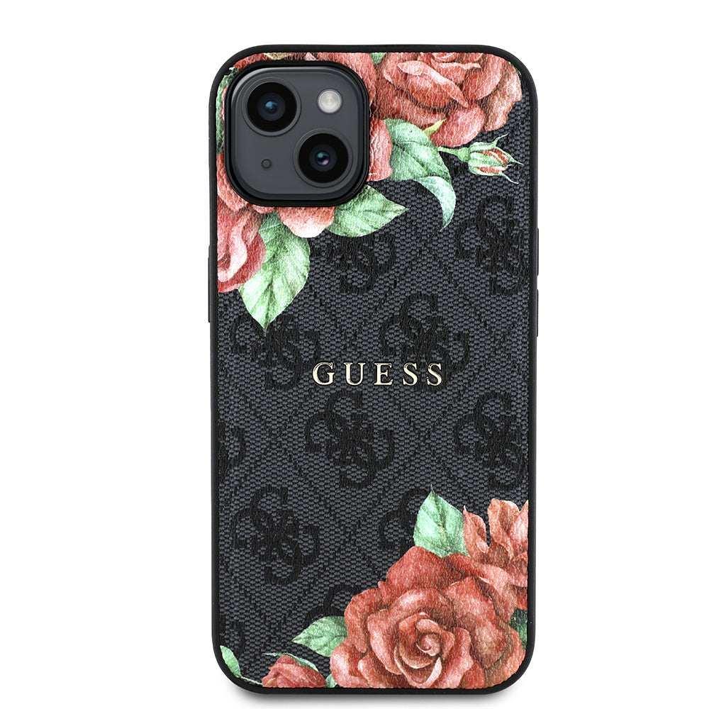 Guess iPhone 14 Orjinal Lisanslı M-safe Şarj Özellikli Gül Baskılı 4G Desenli Yazı Logolu Kılıf