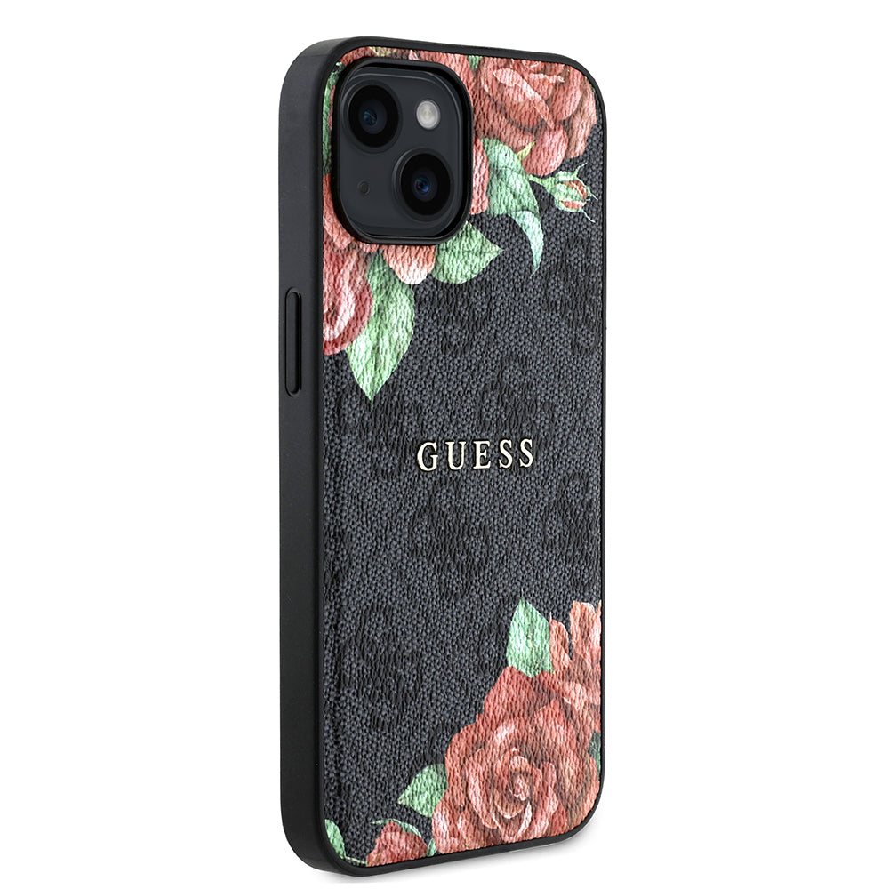Guess iPhone 14 Orjinal Lisanslı M-safe Şarj Özellikli Gül Baskılı 4G Desenli Yazı Logolu Kılıf