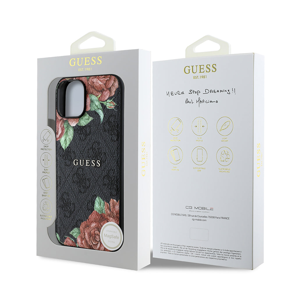 Guess iPhone 14 Orjinal Lisanslı M-safe Şarj Özellikli Gül Baskılı 4G Desenli Yazı Logolu Kılıf