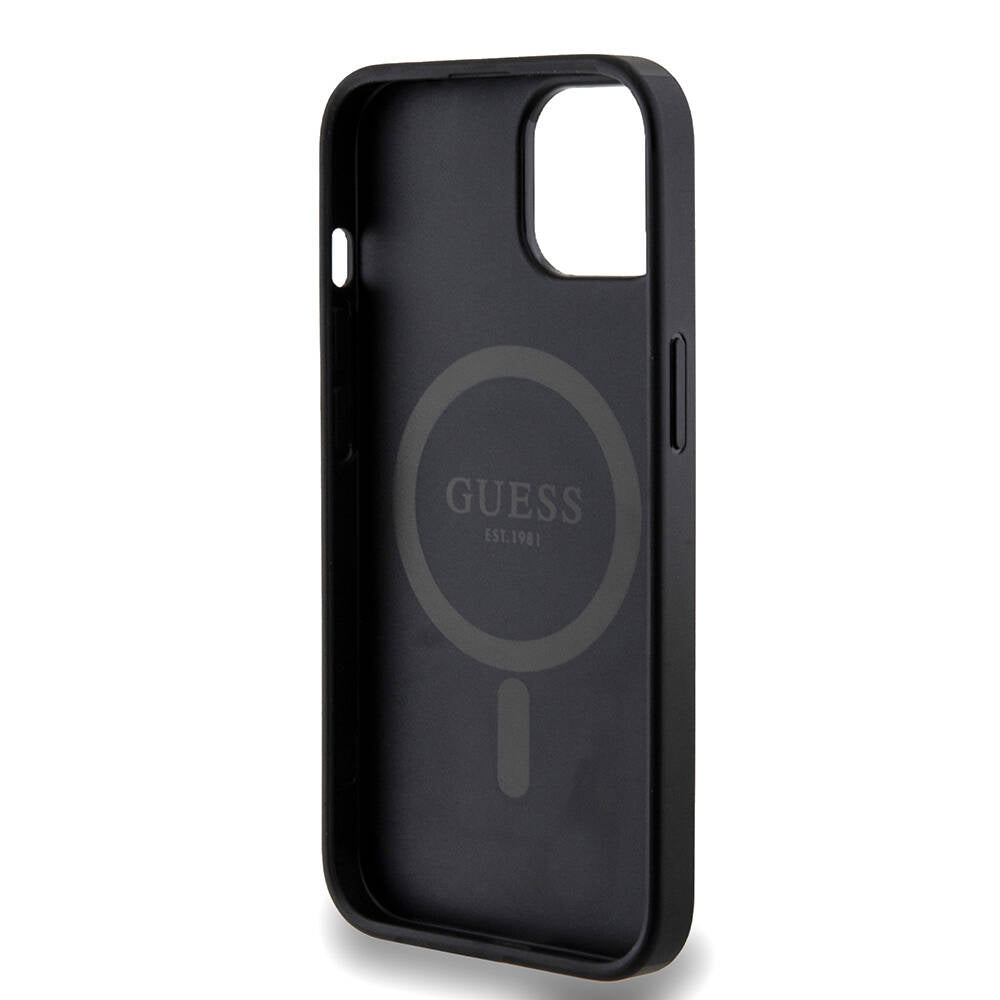 Guess iPhone 14 Orjinal Lisanslı M-safe Şarj Özellikli PU Halkalı 4G Desenli Yazı Logolu Kılıf
