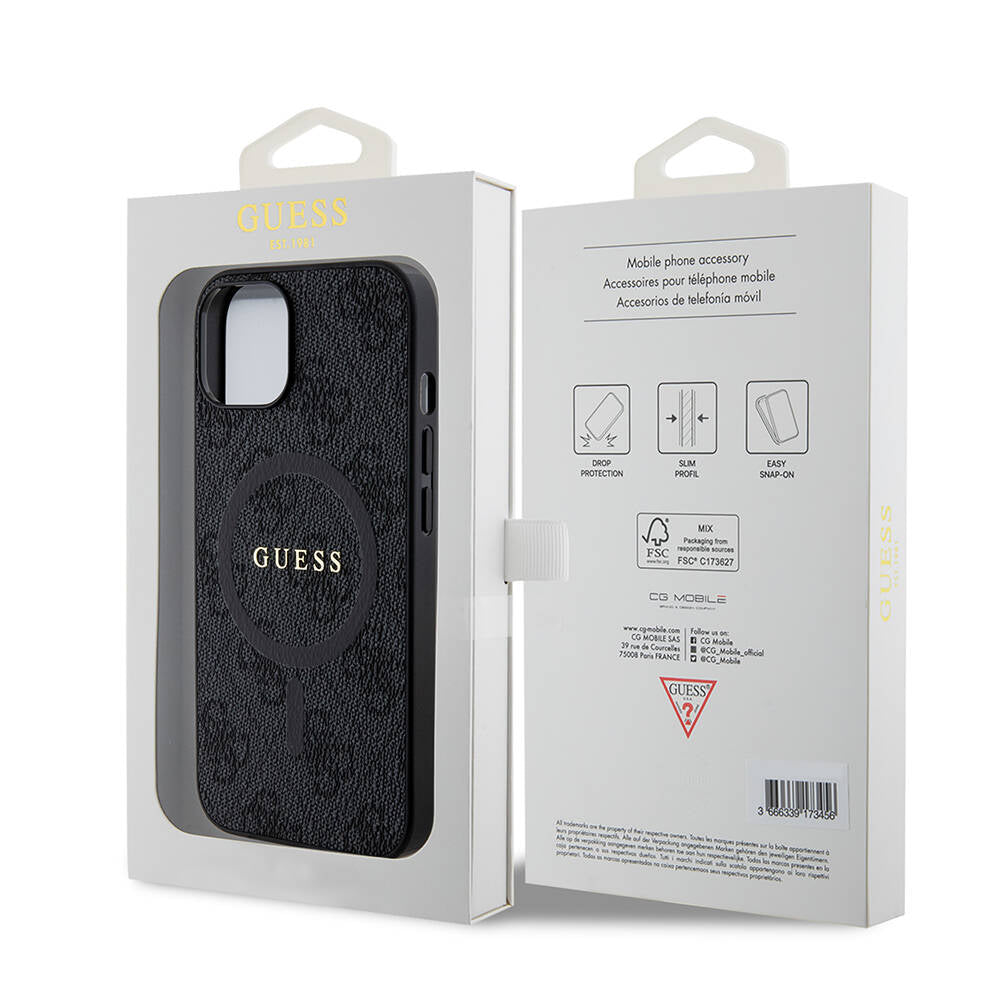 Guess iPhone 14 Orjinal Lisanslı M-safe Şarj Özellikli PU Halkalı 4G Desenli Yazı Logolu Kılıf