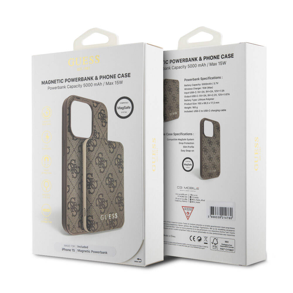 Guess iPhone 14 Orjinal Lisanslı Magsafe Şarj Özellikli Yazı Logolu 4G Desenli Kapak + Powerbank 5000mAh 2in1 Set - 12