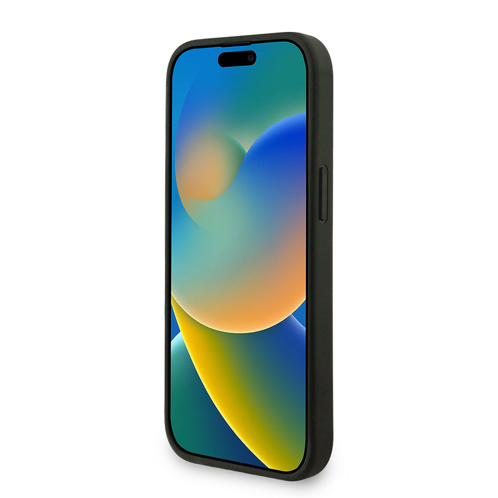 Guess iPhone 14 Orjinal Lisanslı PU Deri Bilek Askı İpli Metal Büyük 4G ve Yazı Logolu Telefon Kılıfı