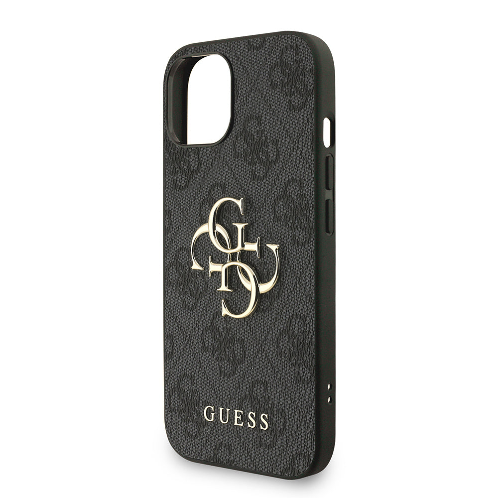 Guess iPhone 14 Orjinal Lisanslı PU Deri Bilek Askı İpli Metal Büyük 4G ve Yazı Logolu Telefon Kılıfı
