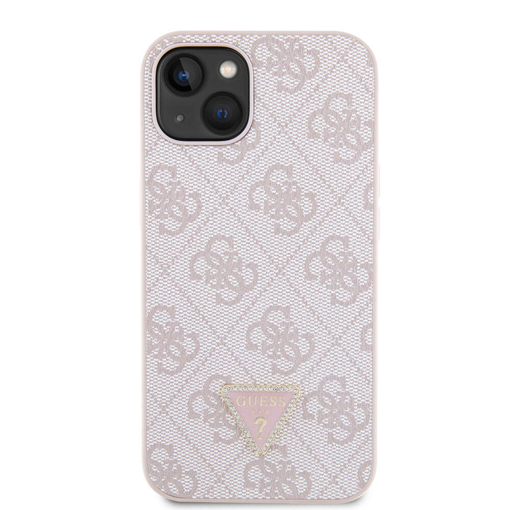Guess iPhone 14 Orjinal Lisanslı PU Deri Taşlı Üçgen Logo 4G Desenli Telefon Kılıfı - 3