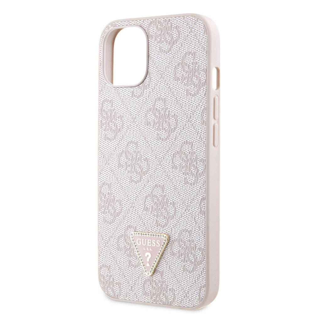 Guess iPhone 14 Orjinal Lisanslı PU Deri Taşlı Üçgen Logo 4G Desenli Telefon Kılıfı - 5