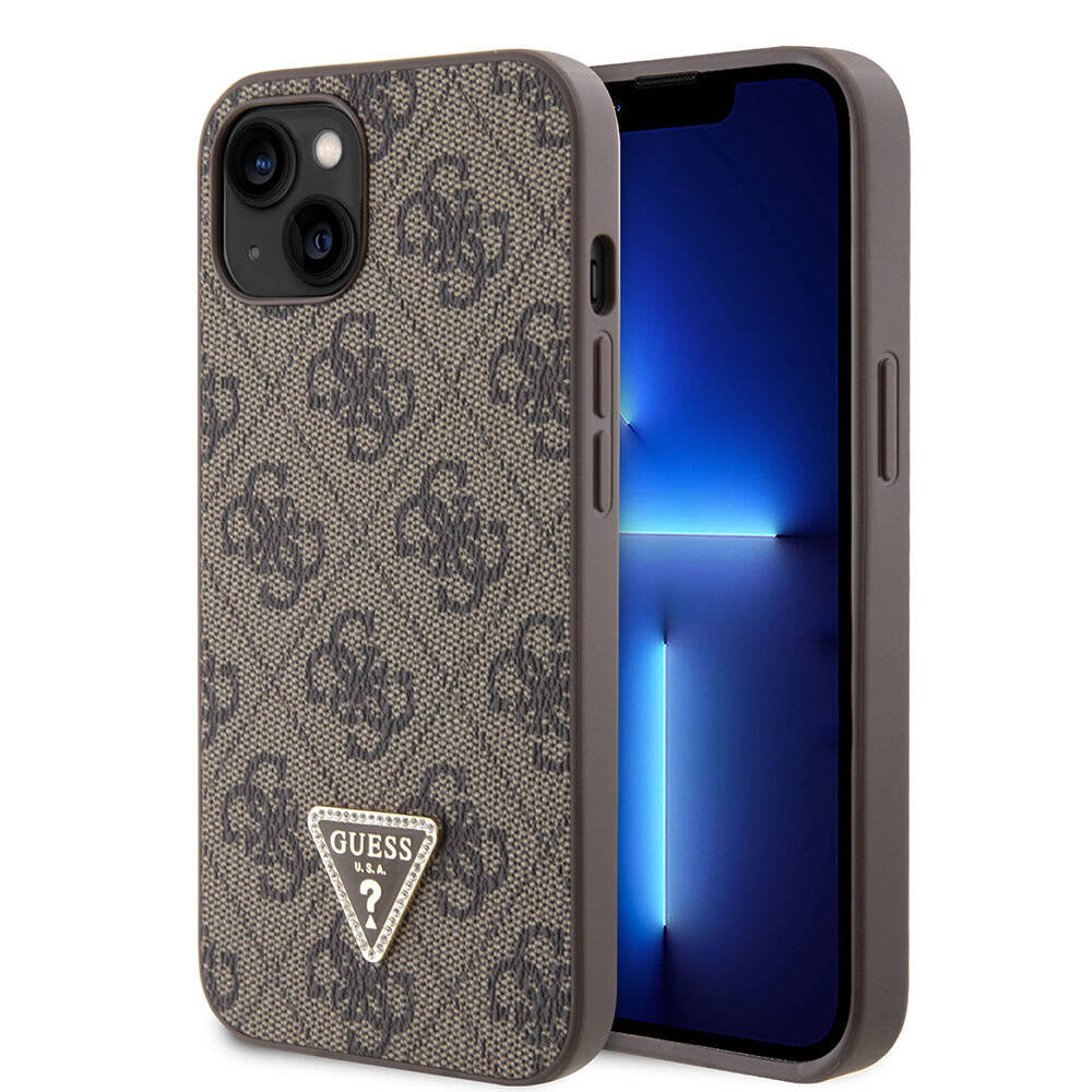 Guess iPhone 14 Orjinal Lisanslı PU Deri Taşlı Üçgen Logo 4G Desenli Telefon Kılıfı - 18