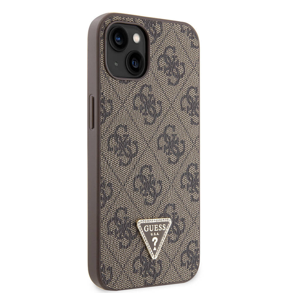 Guess iPhone 14 Orjinal Lisanslı PU Deri Taşlı Üçgen Logo 4G Desenli Telefon Kılıfı - 21