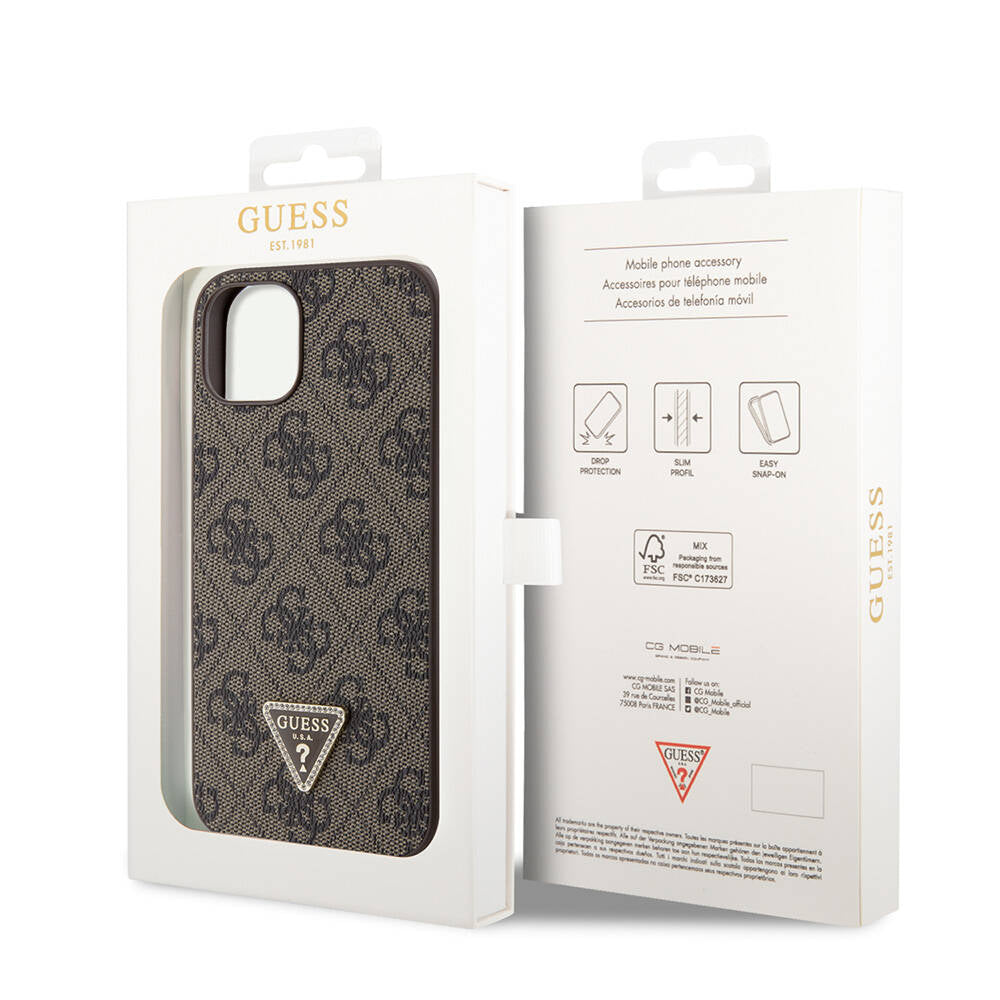 Guess iPhone 14 Orjinal Lisanslı PU Deri Taşlı Üçgen Logo 4G Desenli Telefon Kılıfı - 23