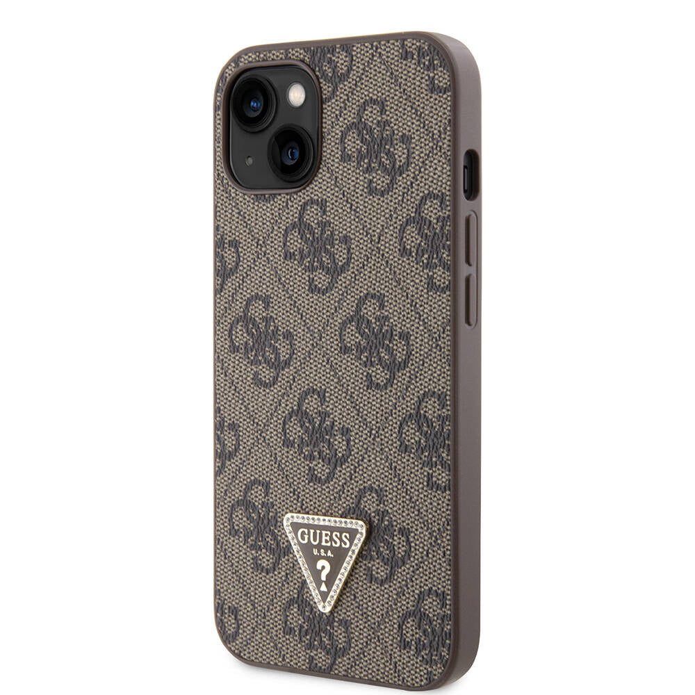 Guess iPhone 14 Orjinal Lisanslı PU Deri Taşlı Üçgen Logo 4G Desenli Telefon Kılıfı - 19