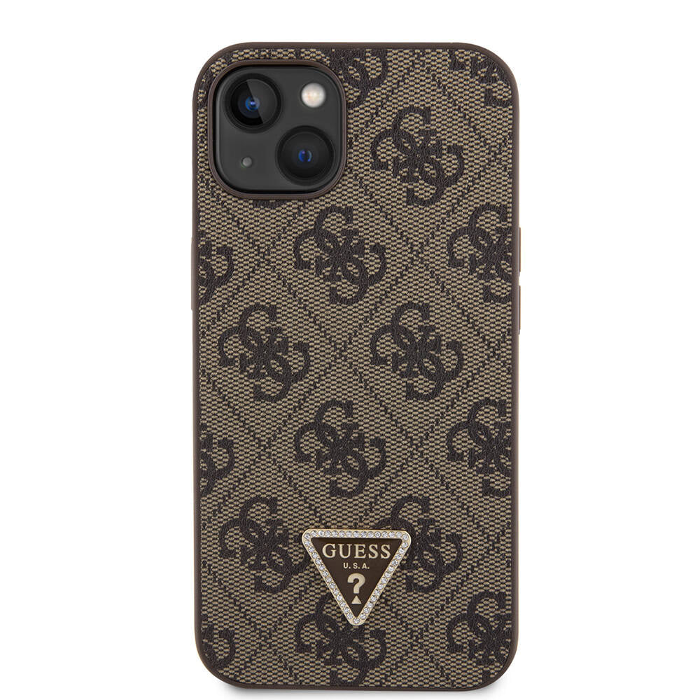 Guess iPhone 14 Orjinal Lisanslı PU Deri Taşlı Üçgen Logo 4G Desenli Telefon Kılıfı - 20