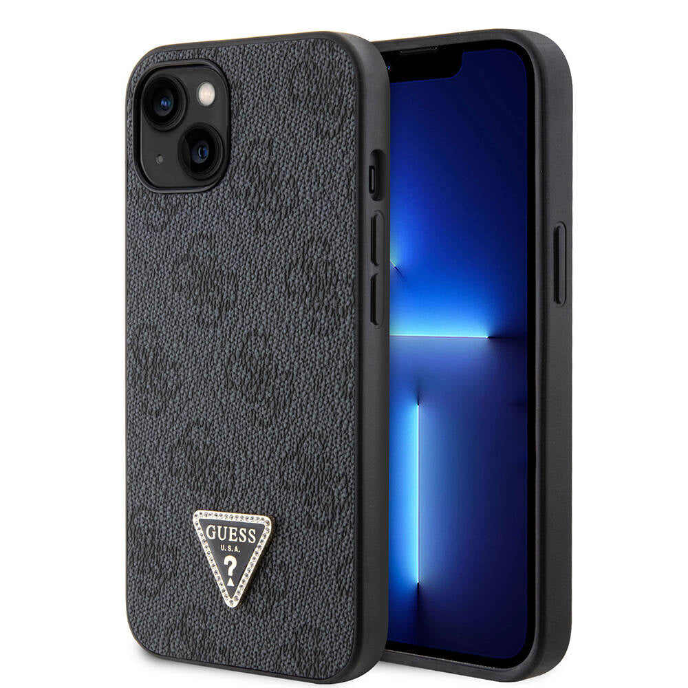 Guess iPhone 14 Orjinal Lisanslı PU Deri Taşlı Üçgen Logo 4G Desenli Telefon Kılıfı - 8